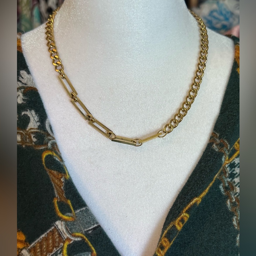 Stainless Steel Gold Cuban & Paperclip 15.5-17.5"Chunky Choker Necklace